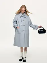 冬季水色の磨毛仕立て ボウタイデザインの中長丈高級ウールコート