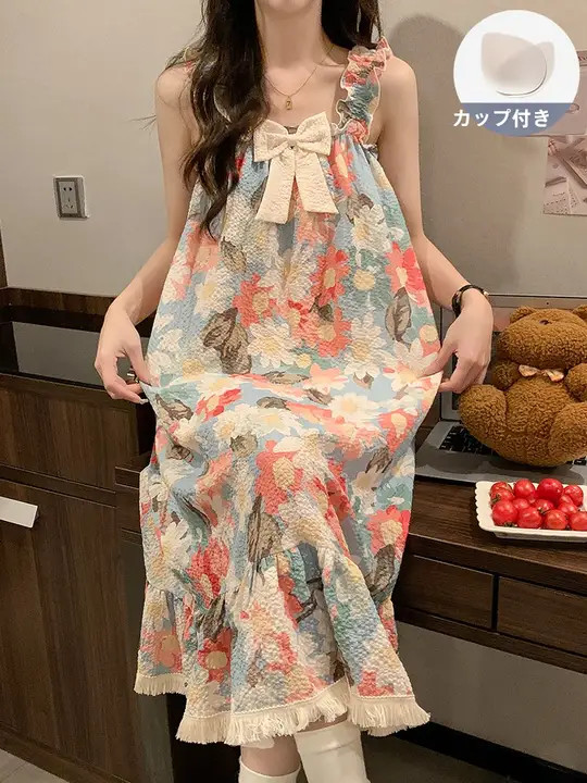 夏用 キャミソールワンピース【フラワープリント・胸パッド付き・レトロデザイン・プリンセス風・ルームウェア】