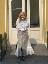 フリル付きストライプ半袖ブラウス【夏用・リボンデザイン・レディース】