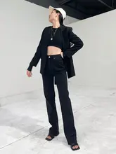 高腰ストレートデニムパンツ【ブラック・ロングレッグ・スリムフィット・春秋用】