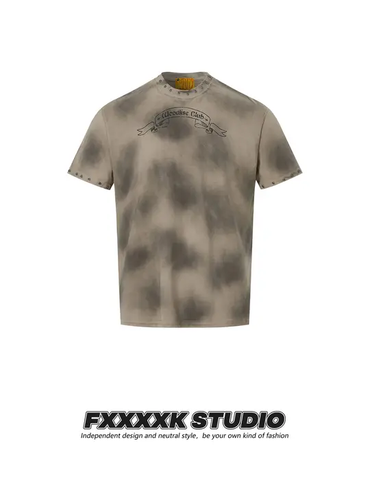 半袖Tシャツ ユニセックス スタッズ ムラ染め ヴィンテージ ルーズ ストリート グランジ 「FXK」
