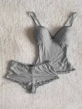 淫靡なドット柄キャミソールとショートパンツのルームウェア【グレー・木耳辺付き・女  性用】（セットアップ対応）