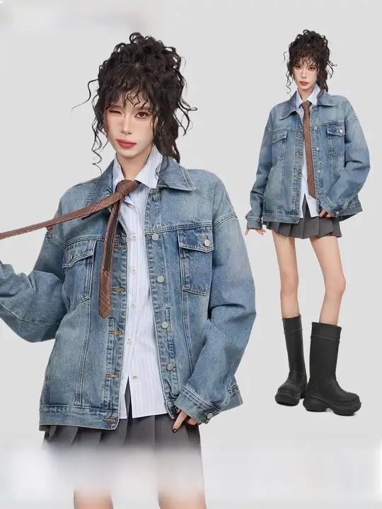 アメリカンレトロ デニムジャケット【ブルー・春秋・上品・小柄向け・ゆったりフィット】