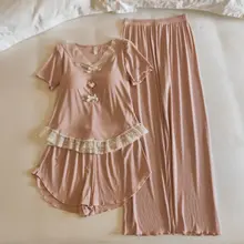 胸パッド付き 春夏用レディース半袖レースパジャマ【極上の柔らかさ・モダールコットン・ホームウェア】（セットアップ対応）