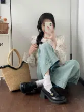 レトロデザイン ラウンドトゥ ローファー風 厚底ダークブラウンシューズ【春用・フレンチスタイル・  太ヒール】