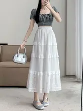 白色レーストリムAラインスカート【高腰・フレア・中長丈・夏用】