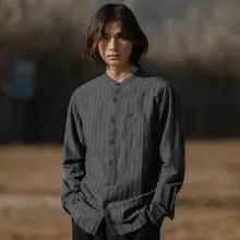 ストライプ柄 男性用リネンシャツ【春秋用・長袖・カジュアルデザイン】