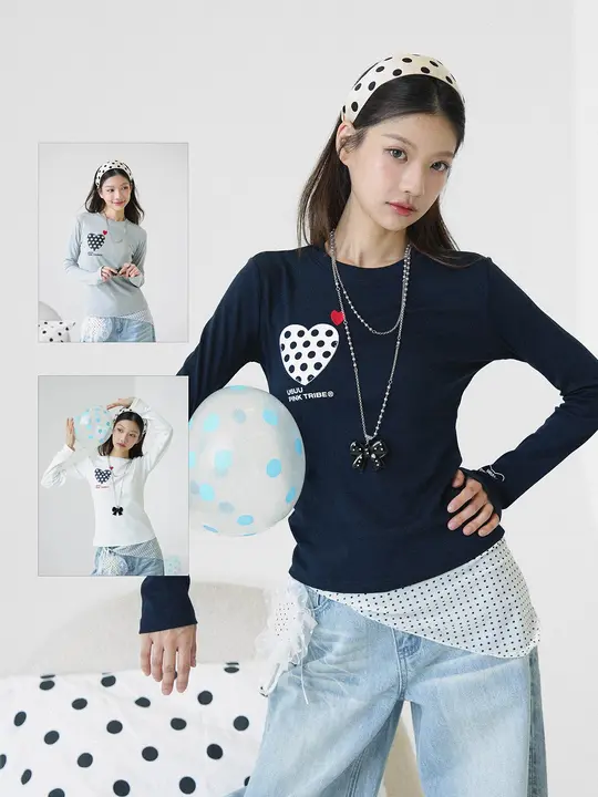 秋用ドット柄ハート刺繍長袖トップス【スリムフィット・女性用】