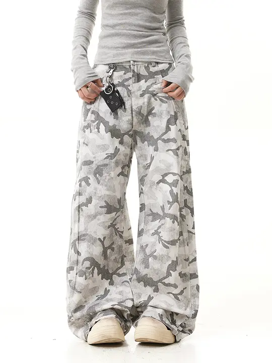 ユニセックス ビンテージスタイル 雪地迷彩ポケットワークパンツ【秋冬用・ゆったりストレート・ドラッグ丈】