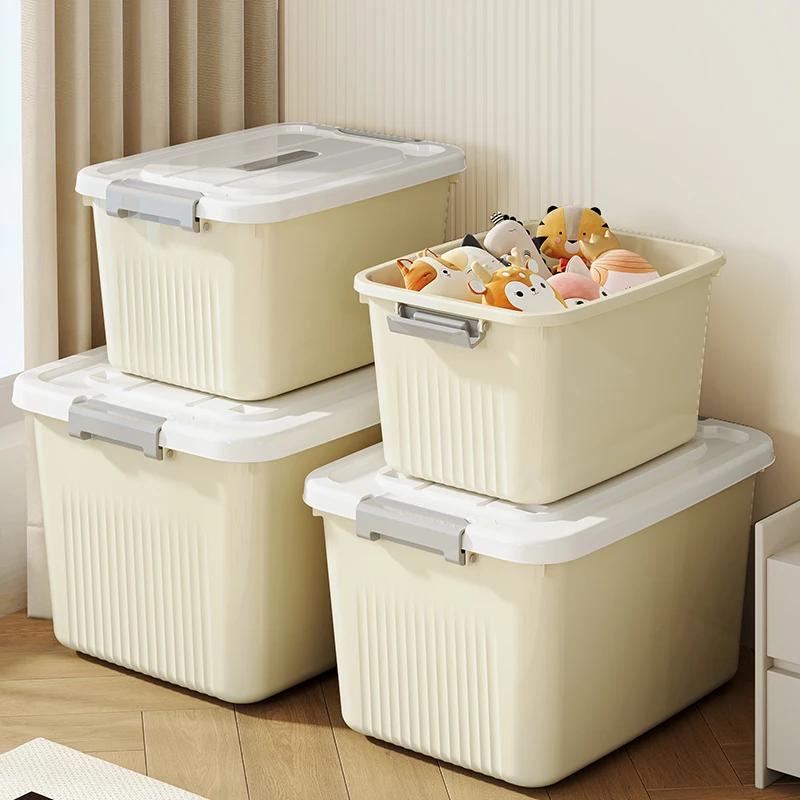 大容量収納ボックス【持ち手付き・蓋付き・プラスチック製・衣類・おもちゃ・食材・書籍用】