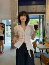 デザインストライプバブルスリーブシャツ【フリル襟・ウエストマーク・夏用・短袖】
