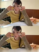 ストライプデザインの長袖カットソー【女性用・秋季・レイヤード風】