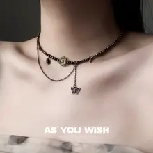 ASYOUWISH ヴィンテージフラワービーズ蝶ネックレス【秋冬用・フリンジデザイン・新中華スタイル】