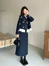 深い青色の刺繍とパッチワークの女性用スカート【春冬向け・高級感あり・ロ ングスリーブ】（セットアップ対応）