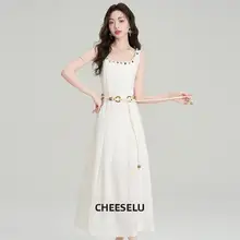 リゾートスタイルのウエストベルトデザインドレス【華やかな装飾・夏用】