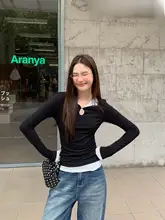高級感のある重ね着風ニット長袖Tシャツ【女性用・フィットデザイン・秋季】