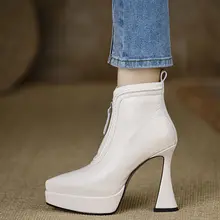 ハンドメイドレディースシューズ【防水厚底・ヒール・ショートブーツ・牛革・ミルクホワイト】