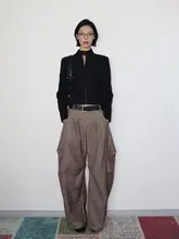 VanessaLab 低腰デザイン カーキ色 ワイドレッグパンツ【フィット・カジュアル用】