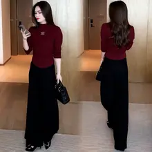 おしゃれなハイネックTシャツ【長袖・細身デザイン】【ワイドパンツ付き】（セットアップ対応）