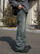 メンズヴィンテージウォッシュデニムパンツ【春秋用・ゆったりストレート・デザイン性あり】