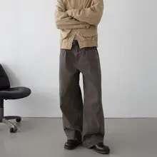 ヴィンテージ風ウォッシュ加工ストレートデニムパンツ【ユニセックス・リラクシーフィット・ワイドレッグ・アーチデザイン】