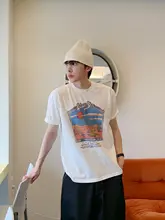 メンズ 半袖Tシャツ【白・ラウンドネック・ビンテージ風・風景プリント・ゆったり】
