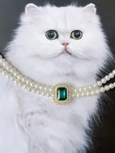 ペット用 輝くグリーン宝石とパールのネックレス【猫・犬用・二重パールデザイン】