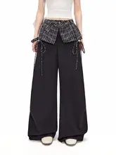 チェック柄のワイドレッグパンツ【ブラック・フィット】（セットアップ対応）
