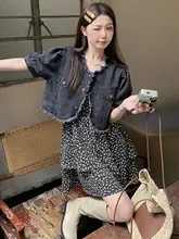 2点セット レディース 大きいサイズ ぽっちゃり デニム ショートカーデ 花柄キャミワンピース おしゃれ 夏