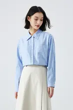 青いストライプのシャツ【秋用・ビジネススタイル・小柄女性対応】