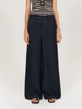 ウォッシャブル低腰デザインデニムパンツ【ポケット付き・ワイドレッグ】（セットアップ対応）