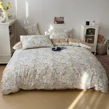 植物柄の手描きデザイン！コットン製四点寝具セット【ダブルサイズ・学生寮・アパート用】（セットアップ対応）