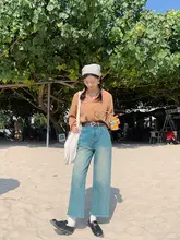花吉 K322 トルコブルー 高腰フリンジ ダメージデニムパンツ【レディース・9分丈・ストレート】