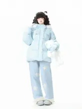 毛皮付きフリルデザイン チェック刺繍コットンジャケット【冬用・厚手・女性用】