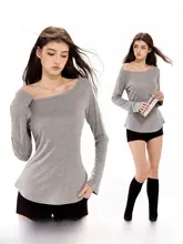 美式レトロ斜め肩デザイン 女性用長袖Tシャツ【春用・リブ付き・オフショルダー】