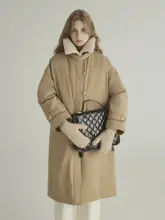 北欧スタイル 毛付き2トーン中長羽毛コート【軽量・翻领デザイン・レディース】