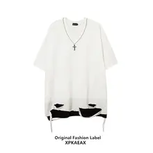 デザイン性のある切り替え風Tシャツ【夏用・ヒップホップスタイル・ショートスリーブ・チェーン付き】（セットアップ対応）