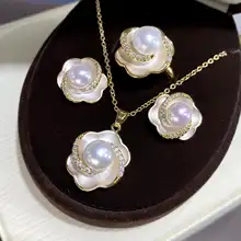 清新で甘美な淡水パールのピアス・ペンダント・ネックレス【S925シルバー針・山茶花デザイン】【セットアップ対応】