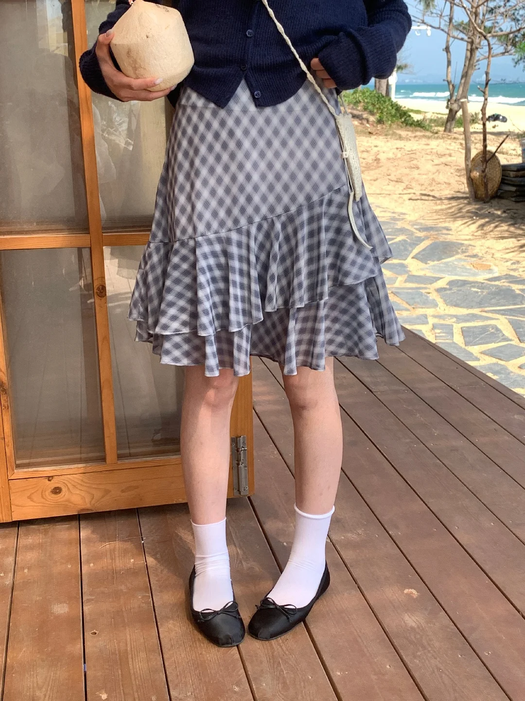 グリーンチェック柄の不規則デザイン ミニスカート【Aライン・春夏用】（セットアップ対応）