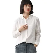 快適なコットンの白い女性用シャツ【春秋用・ゆったりしたデザイン・長袖】