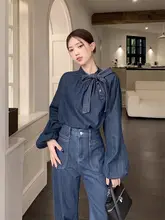 バタフライリボン付きデザインデニムシャツ【フレンチスタイル・ランタンスリーブ・セット】