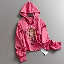 カートゥーンプリントのルーズフィット短丈フード付きジップカーディガン【長袖・レディース・秋用】（セットアップ対応）