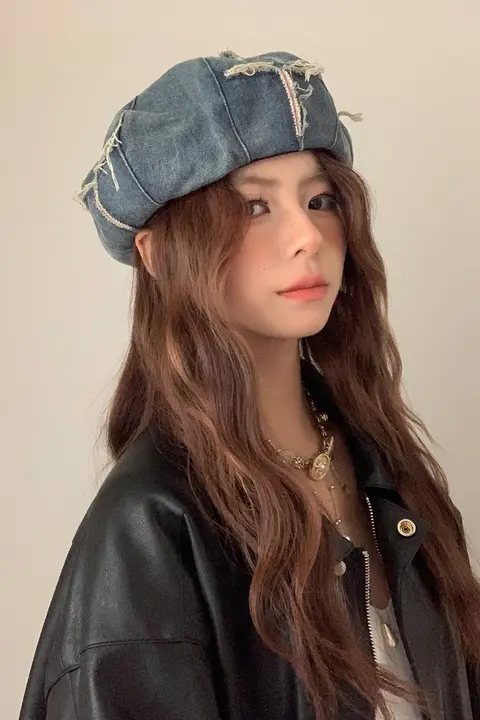 レトロウォッシュデニムベレー帽【フリンジデザイン・雲型・大頭囲・小顔効果】