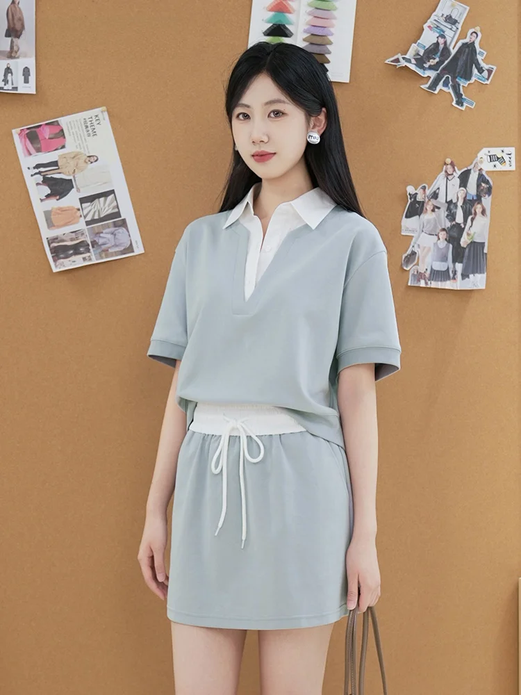 女性用春夏新作コーディネートブルー小柄向けカジュアルスタイルセットアップ対応
