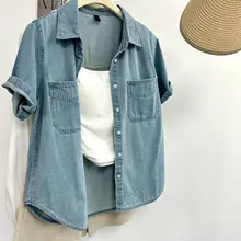 ヴィンテージ風デニムシャツ【ポロ襟・夏用・女性用・ルーズフィット】