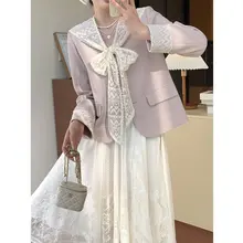 リボン付きレース刺繍デザインの春用ジャケット【女性用・フレンチスタイル】