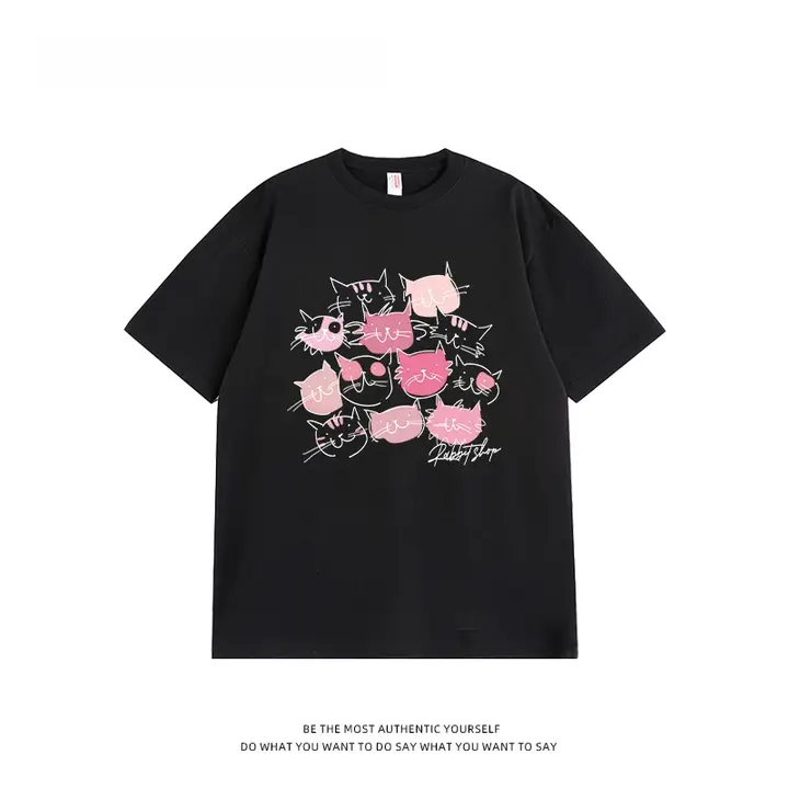 デザイン性の高い猫柄コットン半袖Tシャツ【夏用・ゆったりサイズ】