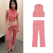 ノースリーブハイネックチェック柄ショートトップス【高めウエスト・ジッパーデザイン・カジュアルパンツ】（セットアップ対応）