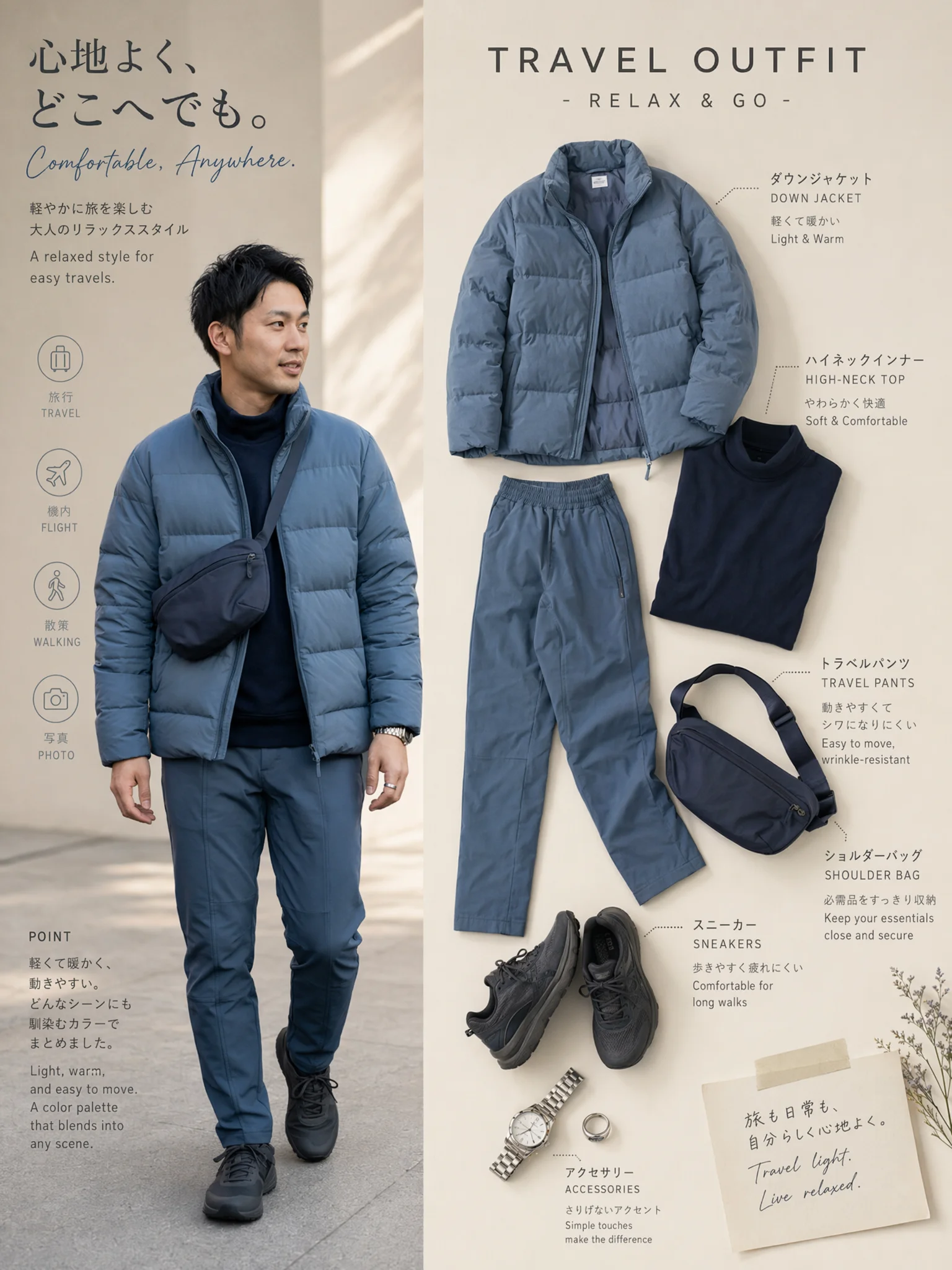 ブルー系のパンツ、ダウンジャケット、ネイビーのトップス2点、斜め掛けバッグを合わせた冬のワントーンコーデ