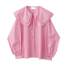 フランス風レトロデザインのドロップショルダーシャツ【リボン付き・ゆったりシルエット・秋用】